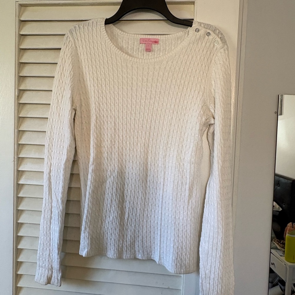 Lilly Pulitzer White Cable Knit Sweater with Pink Label
